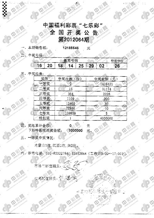 七乐彩第064期开奖传真