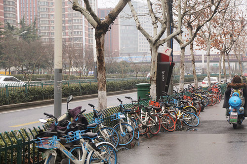 清理前杂乱摆放的单车 清理前杂乱摆放的单车