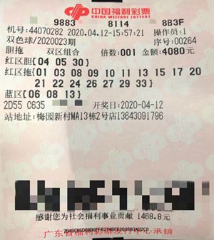 梅州彩民自选胆拖中得双色球一等奖